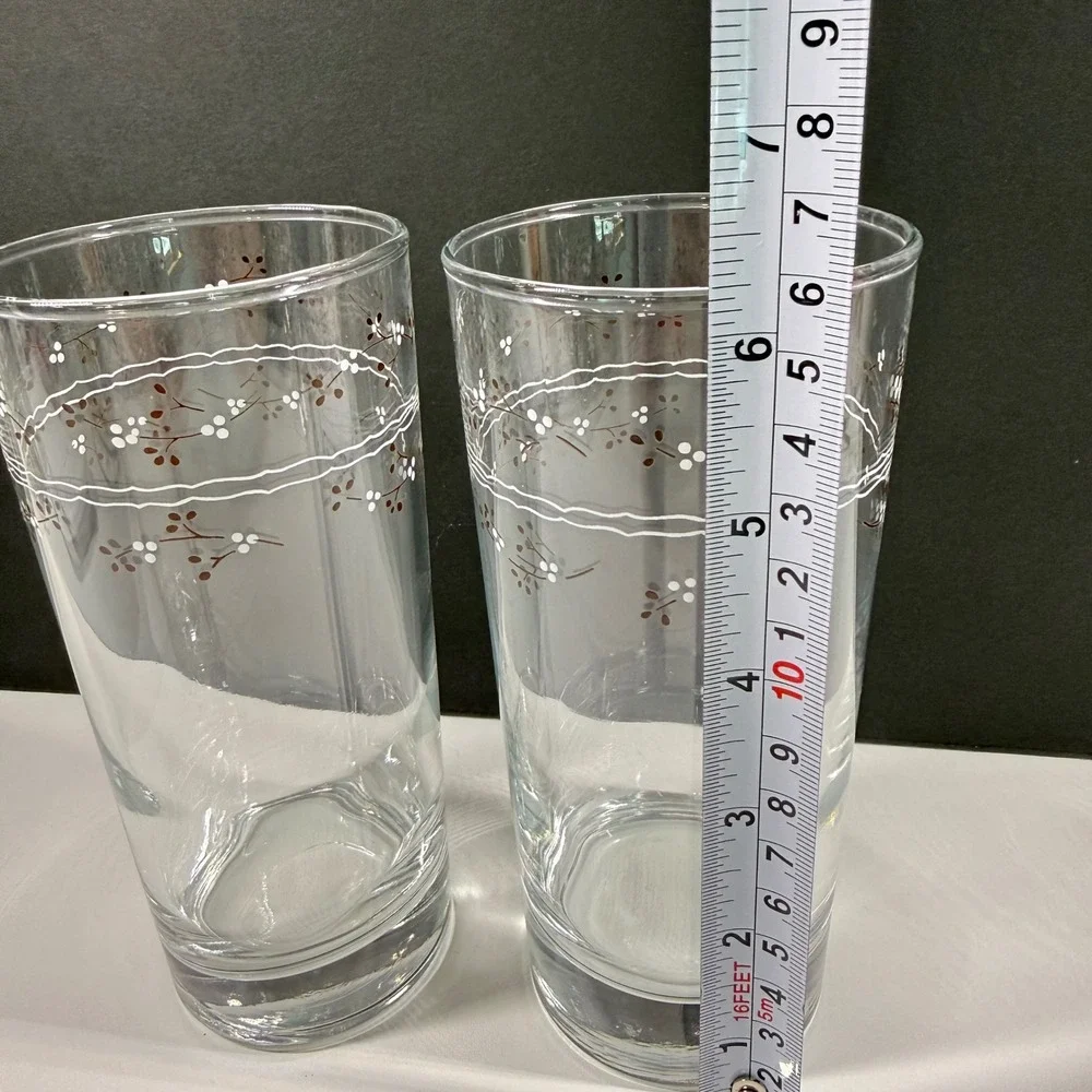 2 Vintage Floral Berry Highball Juice Glasses Set Clear Botanical Tumblers 6.25